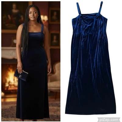 Maxi Vestido Vintage Dressbarn 16W 1XL Azul Terciopelo Cuello Cuadrado Años 90 Romántico Gótico Foto 1 de 4