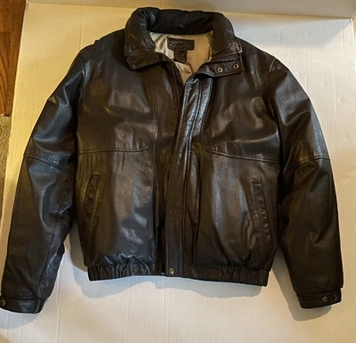 Vintage Eddie Bauer Brown Leather Goose Down Bomber Jacket Size Medium - Image 1 of 4