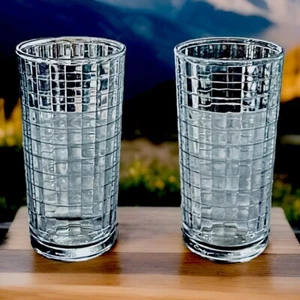 VTG. Pasabahce Optic Checkered Windowpane Highball Tumblers Clear Glass Set Of 2 - Picture 1 of 10
