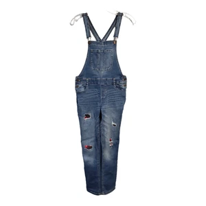 Justice Jean Overalls Girls 14 Plus Denim Bib Long Distressed Plaid Patches Fall - Picture 1 of 19