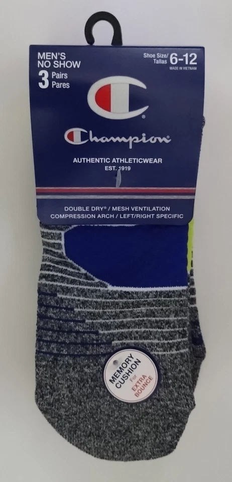 Champion Men's No Show Performance Running Socks 3 Pairs White Assorted Large