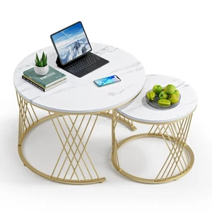 Round Coffee Table Set of 2, Modern Coffee Tables for Living Room, Faux Marbl... - Picture 1 of 7