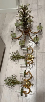 Italian Tole Chandelier & Wall Sconces Palm Leaf Style - Image 1 of 4