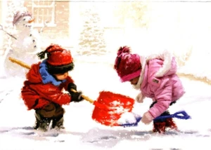 CHILDREN SHOVELLING Paper Magic Christmas Greeting Card w/ Envelope MG71 - Picture 1 of 3