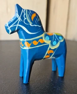 FOLK ART WOOD HORSE FIGURE. HAND CRAFTED, COLORFULLY PAINTED BLUE DECORATION - Picture 1 of 6