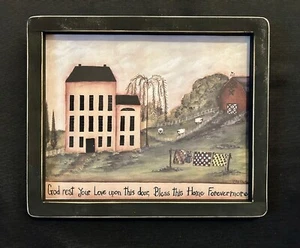 Prim Country Print *SALTBOX HOUSE WITH SHEEP* handmade black frame 11.5" x 9.5" - Picture 1 of 3