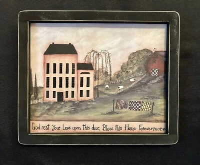 Prim Country Print *SALTBOX HOUSE WITH SHEEP* handmade black frame 11.5" x 9.5" - Image 1 of 3