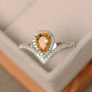 2 CT PEAR CUT LAB CREATED CITRINE WOMEN'S ENGAGEMENT RING 14K WHITE GOLD PLATED - Picture 1 of 8