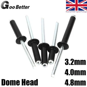3.2mm 4mm 4.8mm Black Pop Rivets Aluminium Body Steel Mandrel Open End Dome Head - Picture 1 of 8