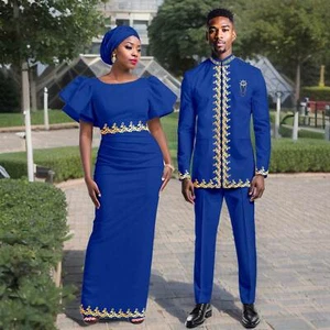 Ropa de pareja africana para hombre Blazer Pantalones Traje y mangas abullonadas Mujeres Maxi Vestido - Imagen 1 de 18