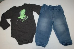 Baby Boys DARK GRAY L/S T-SHIRT Dinosaur ROARSOME Blue Denim Jeans Pants 12 MO - Picture 1 of 2