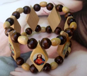 New Wood Beads Catholic religious Picture Stretch bracelet 7-7.25" - Picture 1 of 9