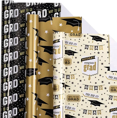 Graduation Wrapping Paper Roll, Graduation Cap & Stars in Black Gold, Way to Go - Image 1 of 4