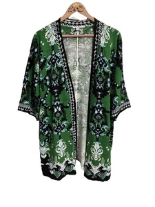 Chico's Size 3 XL Green Black Blue Baroque Open Front Cardigan Sweater - Picture 1 of 9