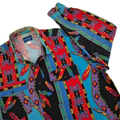 Wrangler Colorful Western Indian Print Shirt Mens 2XL XXL Aztec Button Cowboy - Image 1 of 4