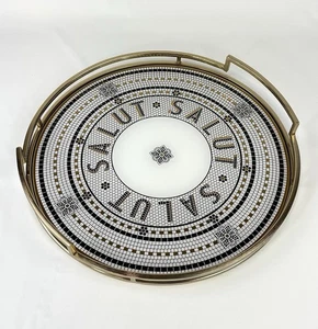 Anthropologie THE BISTRO ROUND TRAY Glass Tile & Iron Metal 14” Bar Service Gold - Picture 1 of 8