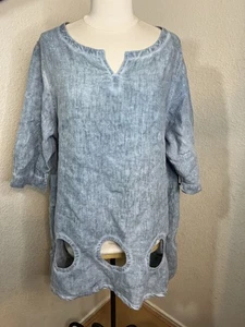 Cheyenne Blue Linen Tunic Top Cutout Hem Notch Neck 34 Sleeve S M - Picture 1 of 7