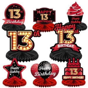 Happy 13th Birthday Red and Black Table Honeycomb Centerpieces Balloons Theme... - Picture 1 of 7