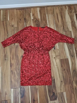 Vestido Boston Proper Rojo Lentejuelas Hombro Frío Talla 8 Fiesta de Vacaciones  Foto 1 de 4