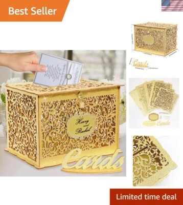 Elegant Gold Glitter Wedding Card Box with Lock for Rustic Reception Decor - Image 1 of 4