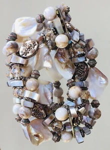 2" WIDE MOTHER OF PEARL CHIPS COPPER BRONZE HANDMADE SEED BEADS bracelet - Picture 1 of 6