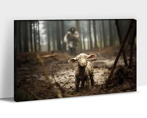 Jesus & Lamb Canvas Wall Art, Jesus Running After Lost Lamb Picture Canvas Pr... - Picture 1 of 7