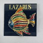 Vintage LAZARUS Dept Store Tropical Fish Brooch Gold Tone Enamel Stripes Crystal