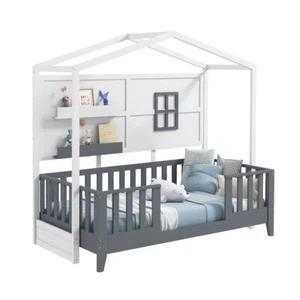 Twin Wood House Shaped Bed Frame Montessori Floor Bed 2 Storage Rack & Guardrail - Picture 1 of 8