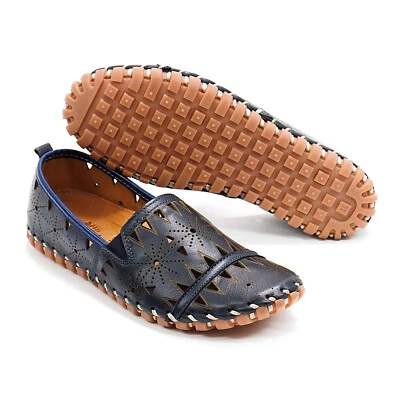 Women Spring Step Fusaro Navy Leather Loafer Arch Support Comfort Flats - Image 1 of 4