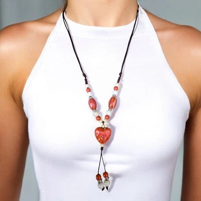 Long Heart Pendant lagenlook Ceramic Heart Statement necklace Boho - Image 1 of 4