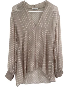 Tempo Paris Womens Blouse Size M Tan Sheer Lace Long Sleeve V-Neck Button - Picture 1 of 8