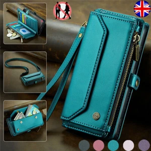 For Samsung S25 S24 Ultra Plus S23 S22 S21 Zip Wallet Case Leather Cover w/Strap - Picture 1 of 57