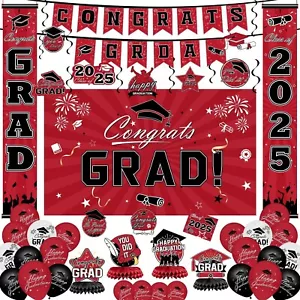 Graduation Decorations 2025 Set - Red Themed Congrats Grad Banner, Backdrop, Han - Picture 1 of 7