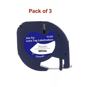 3 x Plastic Label Tapes for Dymo LetraTag 91201 Black on White 12mm x 4M - Picture 1 of 5