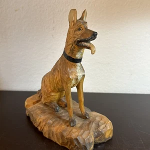 Vintage German Shepherd Dog Figurine Carved Wood 6.5” x 7.25" Sitting Signed - Picture 1 of 11