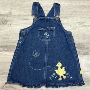 Vintage Sesame Street Denim Overall Dress Girls 4T Big Bird Embroidered Ruffle - Picture 1 of 9