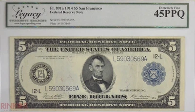 1914 $5 Fr. 891a San Francisco Federal Reserve Note LCG XF-45 PPQ - Image 1 of 3