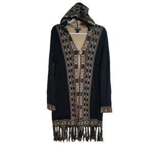 Lucky Brand Longline Fringe Cardigan Womens Medium Black Aztec Southwestern Boho - Picture 1 of 12