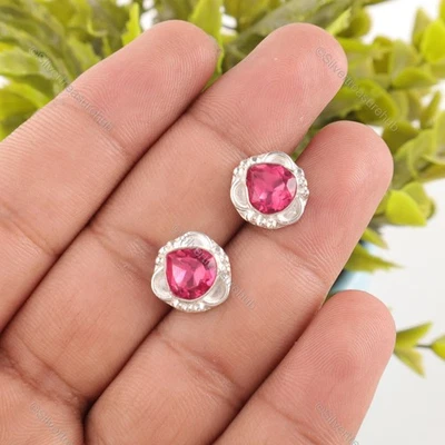 Pendientes de aniversario de hermana de plata de ley 925 con piedras preciosas de turmalina rosa Foto 1 de 4
