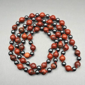 Collana di perline vintage rossa brecciata diaspro ed ematite legata a mano 28" pietra naturale - Foto 1 di 7
