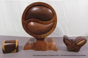 LOT 3 CARVED WOOD JEWELRY TRINKET BOX Yin-Yang Signed, Butterfly Puzzle, Nesting - Picture 1 of 10