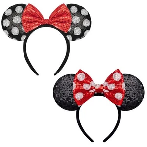 Headband 2 PCS Mouse Ears with Shiny Sequin Bow for Adult Women Girls Christm... - Picture 1 of 9