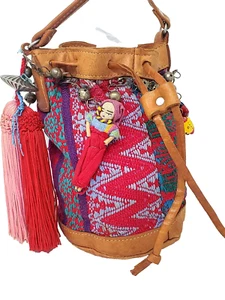 Guatemala Small Crossbody Bucket Bag with Worry Doll - Fish - Tassels - Picture 1 of 19