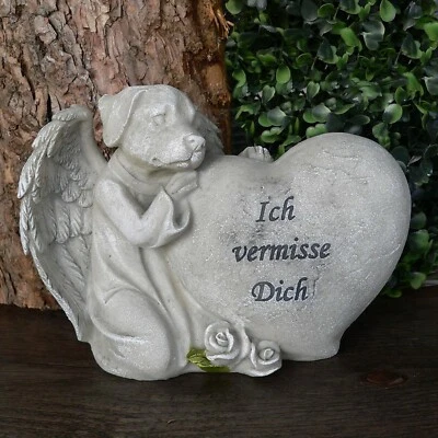 Grabschmuck Hund neben Herz "Ich vermisse Dich" Trauerengel Grabdeko Engel Stein - Bild 1 von 3