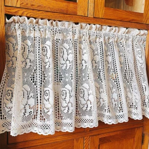 Rustic Farmhouse Hand Crochet Lace Curtain Valance Cafe Tiers Kitchen Rod Pocket - Picture 1 of 20
