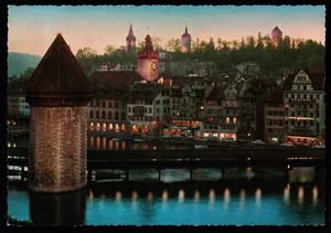 Luzern Chapel Bridge Towers Hotel Mostrose Hotel Federal Switzerland Postcard - Picture 1 of 2