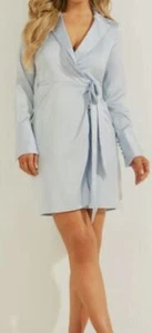 $129 Guess Women's Blue Eco Adair Long Sleeve Satin Tie Belt Wrap Dress Size M - Picture 1 of 2