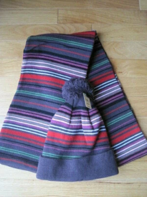 Conjunto de cachecol e chapéu listrado Eddie Bauer ameixa/vermelho/verde/branco/rosa tamanho único novo com etiquetas - Imagem 1 de 4