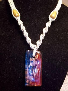 HANDMADE 19 inch HEMP Necklace w/ BLUE, RED & COPPER Glass LAMPWORK Pendant H-90 - Picture 1 of 3