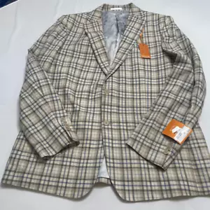 NWT Tallia Verdello Slim Fit Linen Tan Plaid Linen 2 Button Blazer Size 46L New - Picture 1 of 13